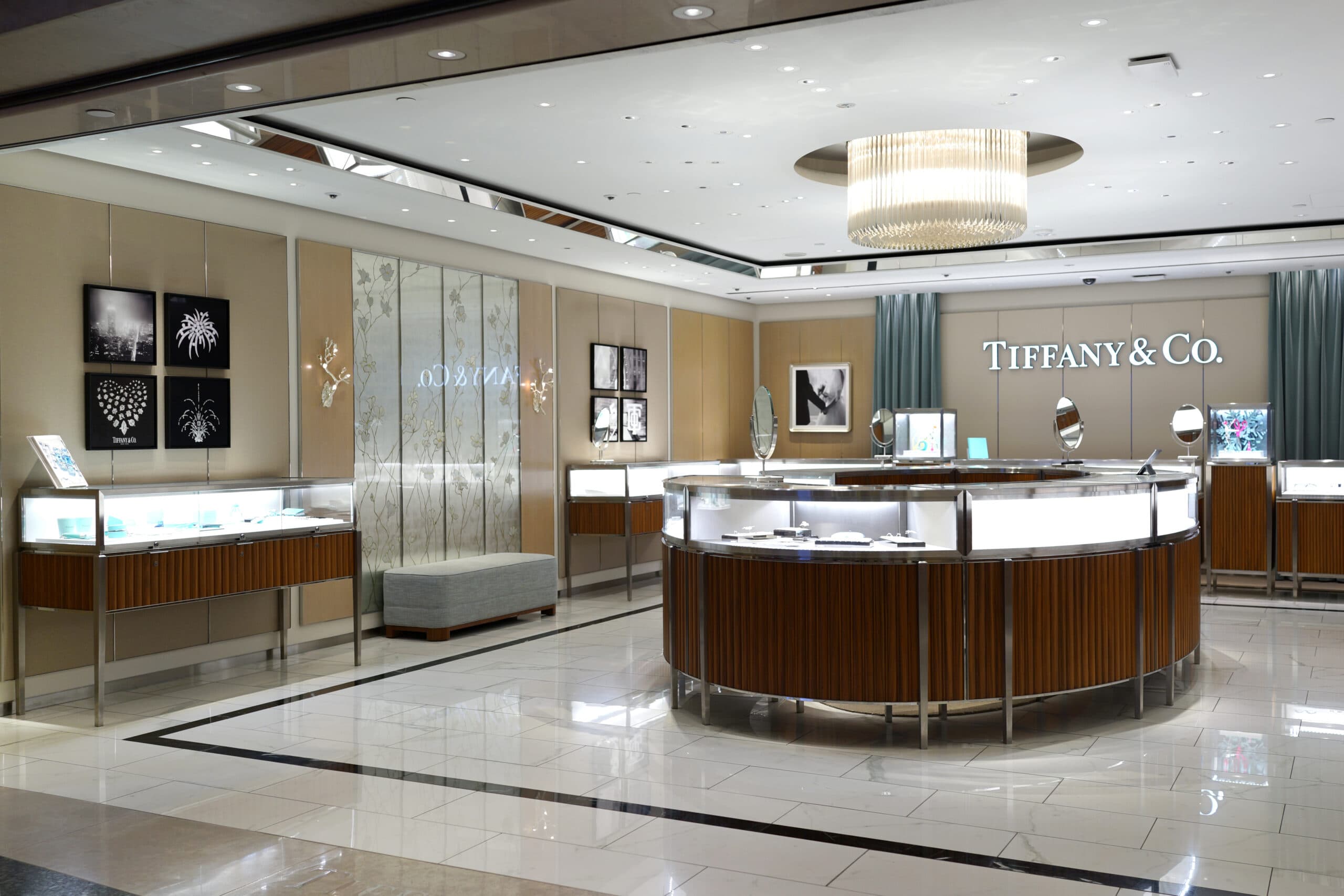 Interior view of Tiffany & Co store in Changi Airport Singapore. Tiffany & Company is an American luxury jewellery and specialty retailer, headquartered in New York City. SINGAPORE – JAN 6, 2019.